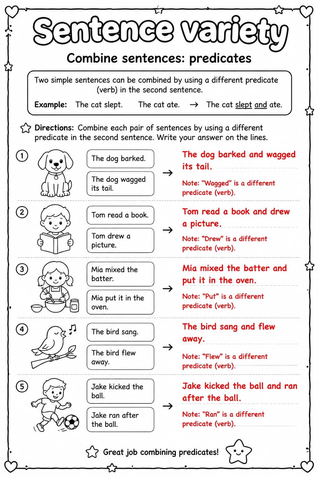 Answer key for Combine sentences: predicates — free printable English & Reading worksheet