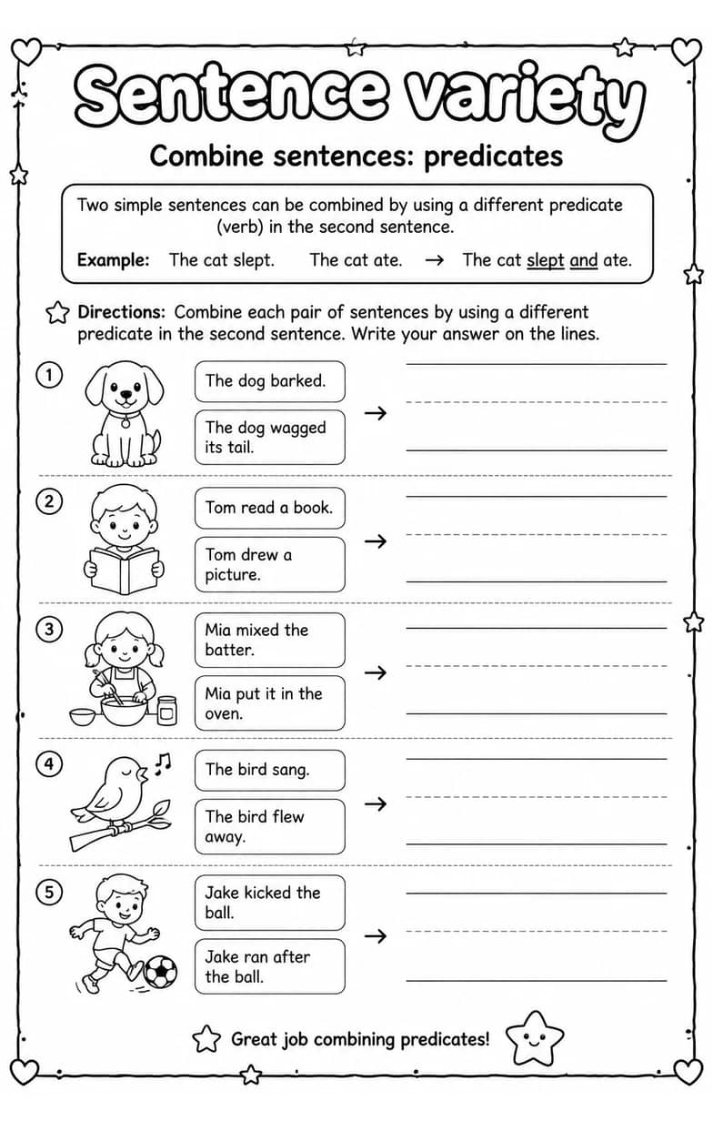 Combine sentences: predicates — free printable Writing strategies English worksheet