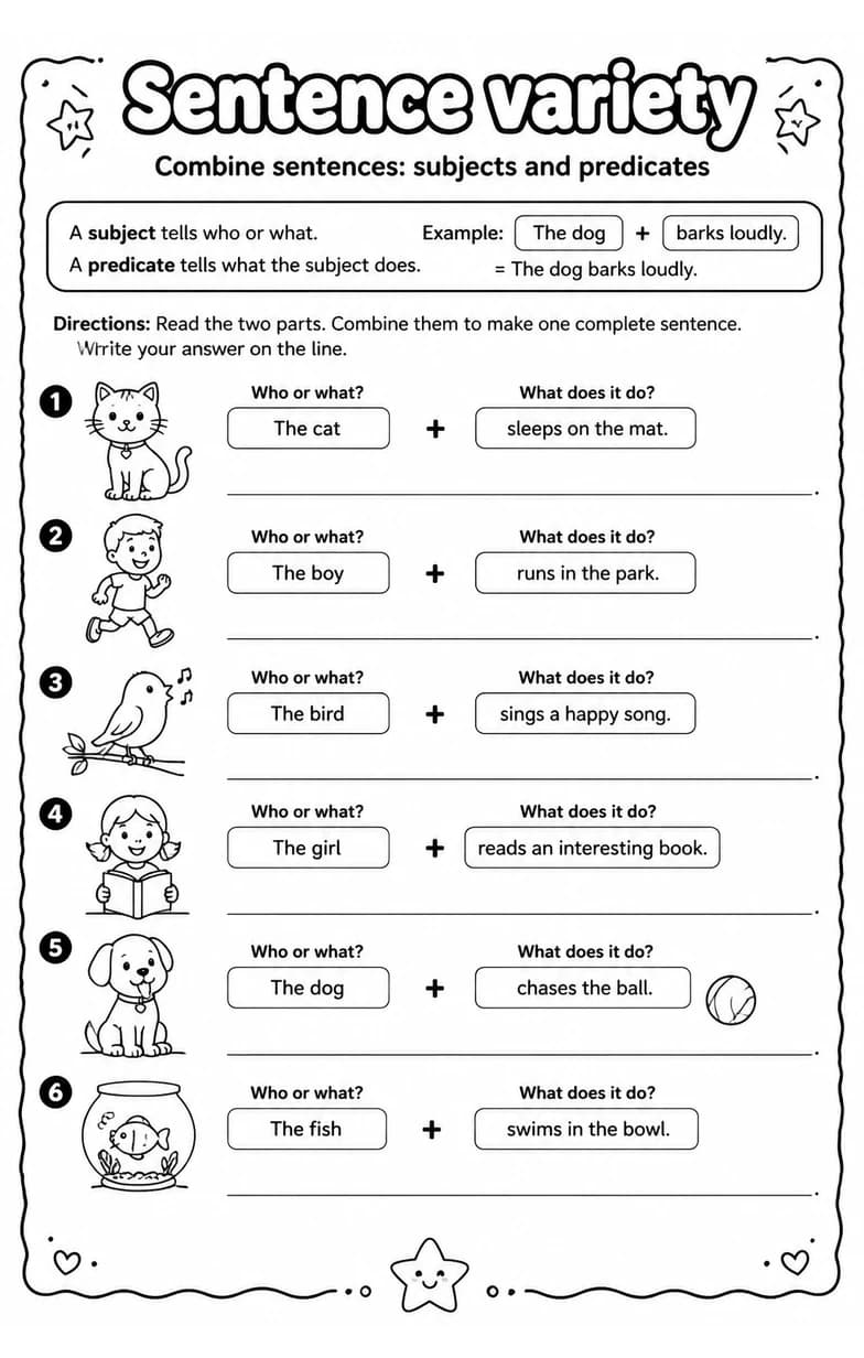 Combine sentences: subjects and predicates — free printable Grade 2 English & Reading worksheet