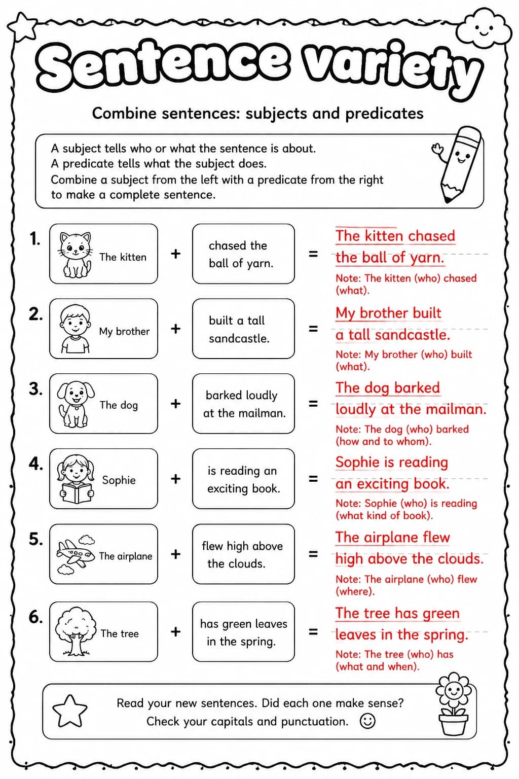Answer key for Combine sentences: subjects and predicates — free printable English & Reading worksheet