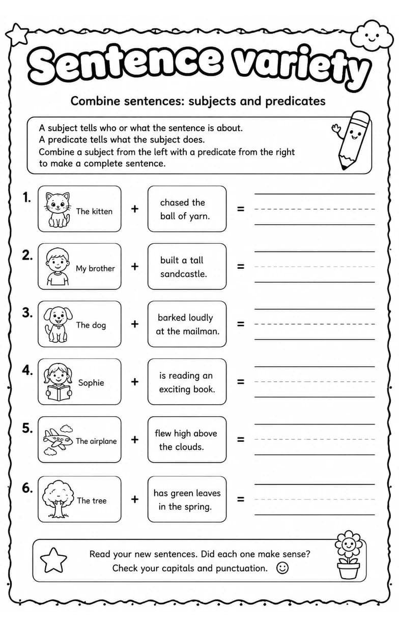 Combine sentences: subjects and predicates — free printable Grade 3 English & Reading worksheet