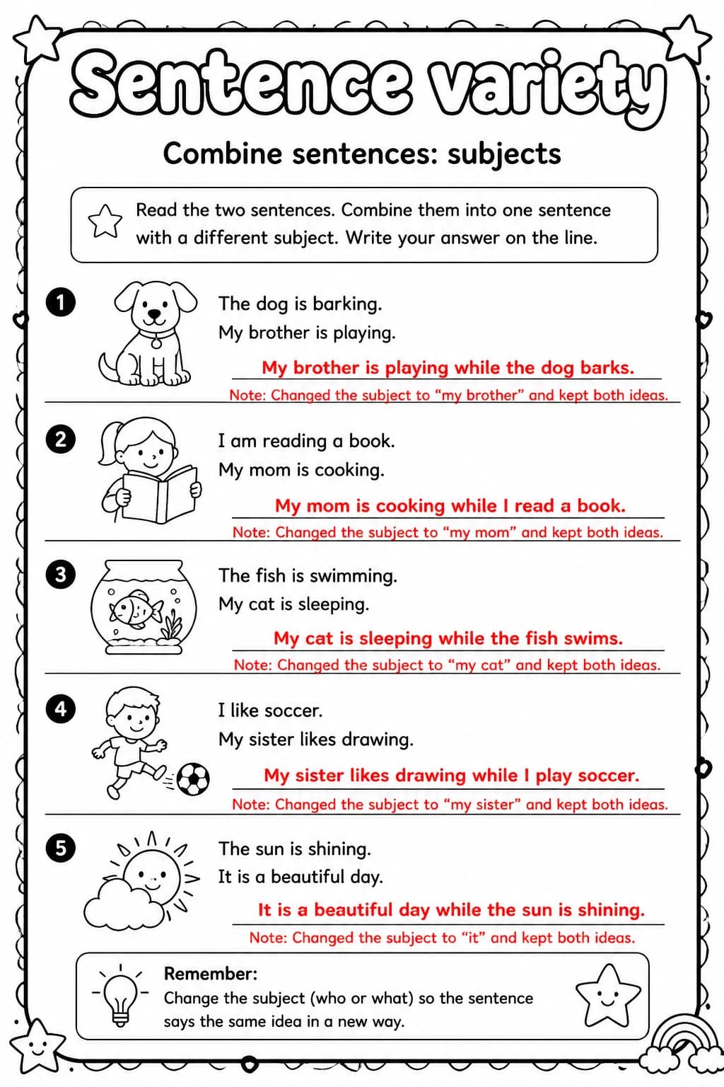 Answer key for Combine sentences: subjects — free printable English & Reading worksheet