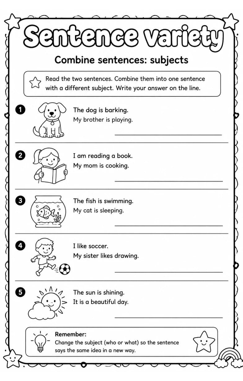 Combine sentences: subjects — free printable Grade 2 English & Reading worksheet