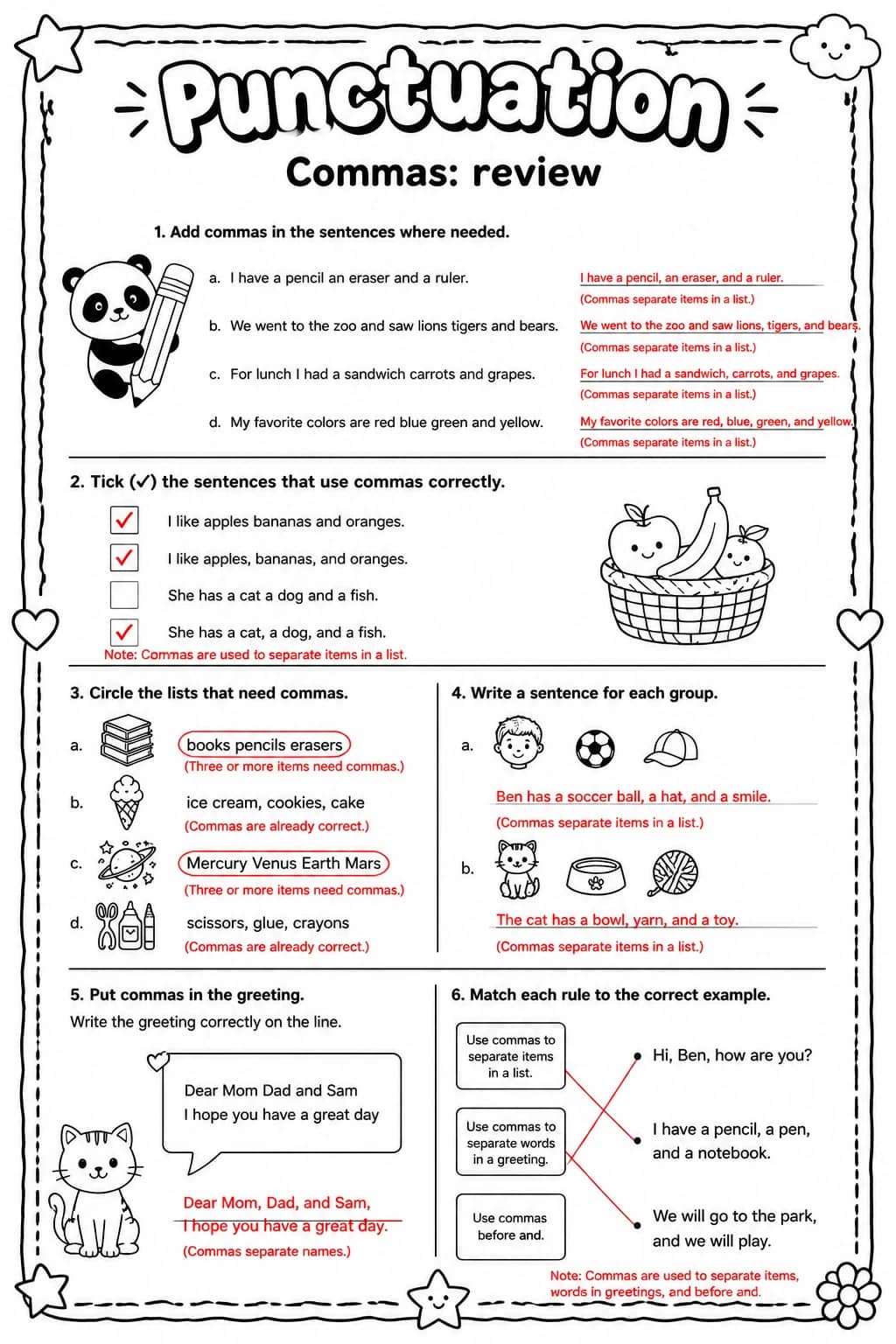 Answer key for Commas: review — free printable English & Reading worksheet