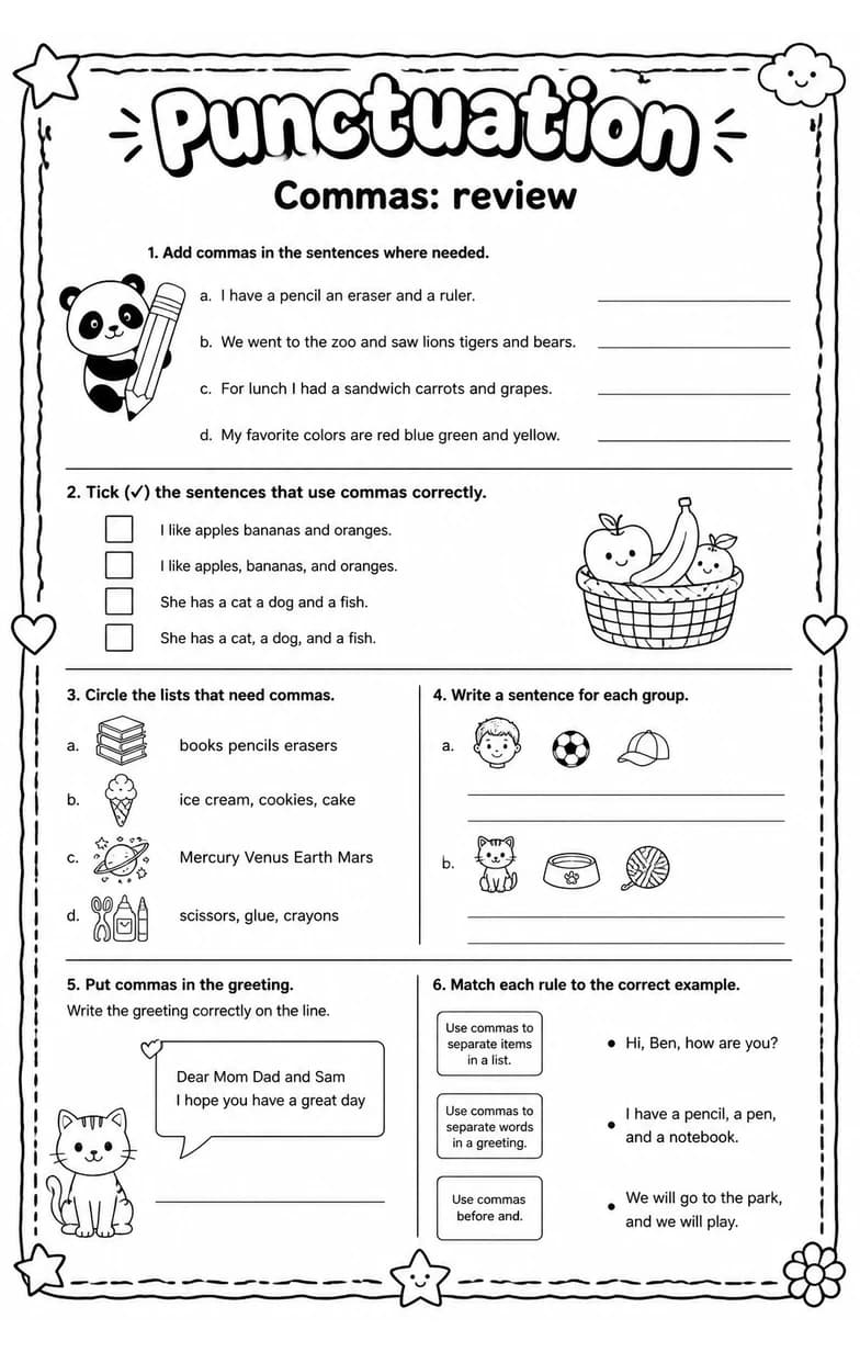 Commas: review — free printable Grade 2 English & Reading worksheet