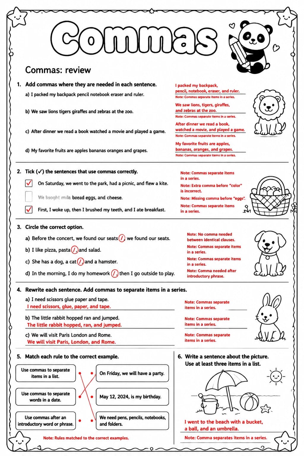 Answer key for Commas: review — free printable English & Reading worksheet