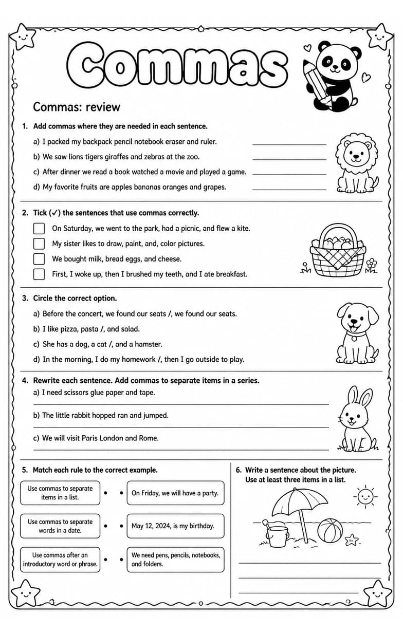 Commas: review — free printable Grade 3 English & Reading worksheet