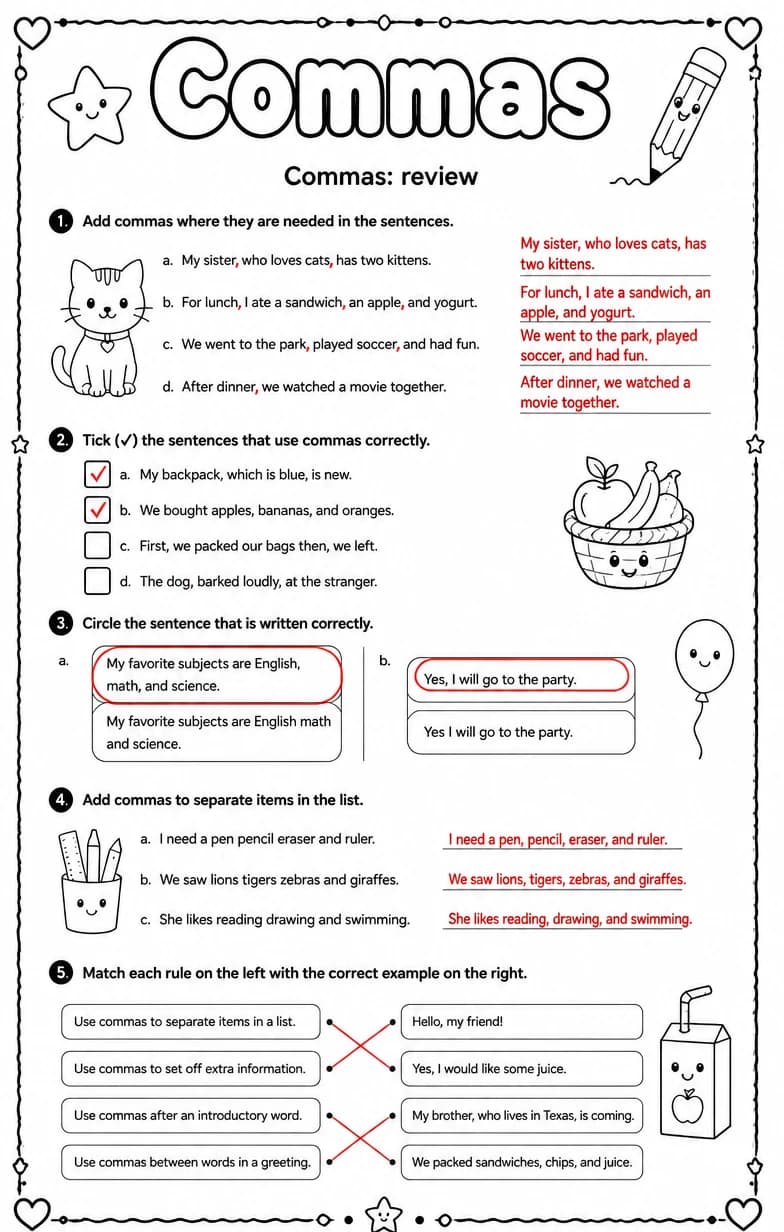 Answer key for Commas: review — free printable English & Reading worksheet