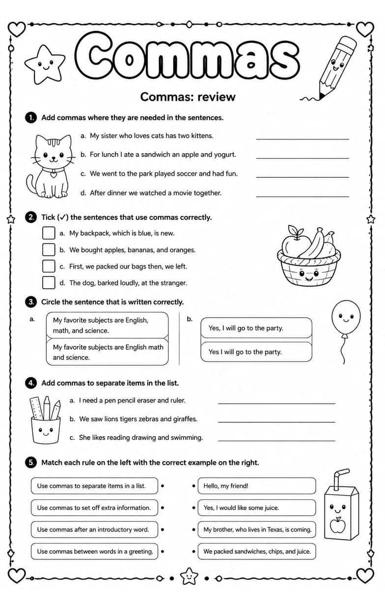 Commas: review — free printable Grammar and mechanics English worksheet