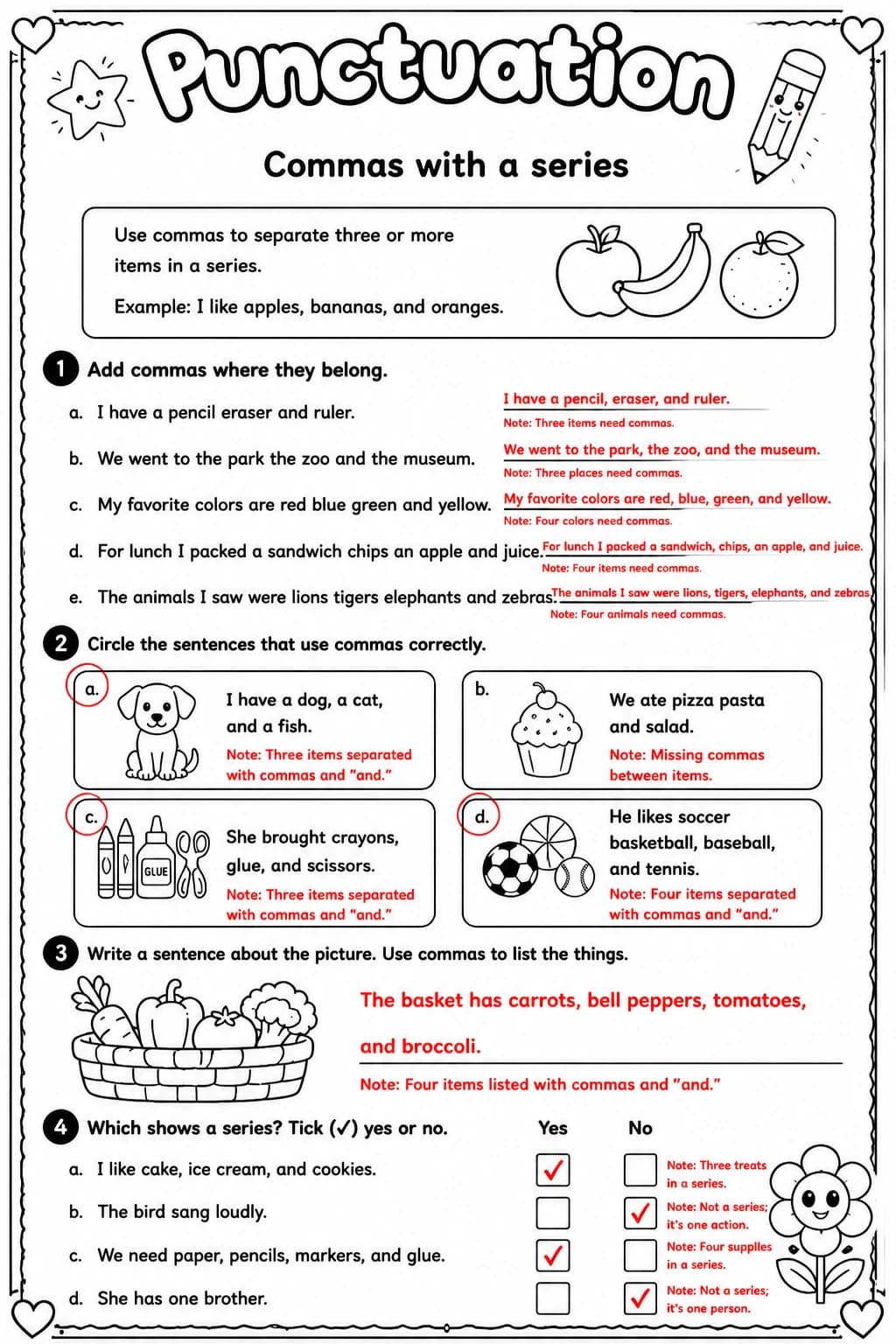 Answer key for Commas with a series — free printable English & Reading worksheet