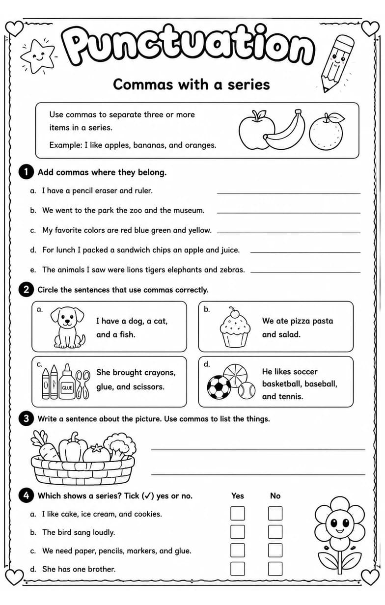 Commas with a series — free printable Grade 2 English & Reading worksheet