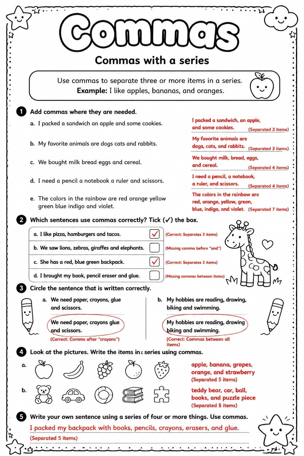 Answer key for Commas with a series — free printable English & Reading worksheet