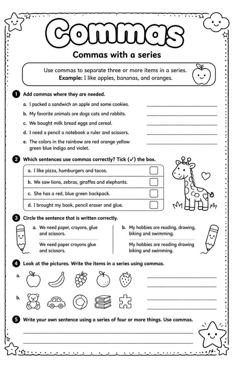 Commas with a series — free printable Grammar and mechanics English worksheet
