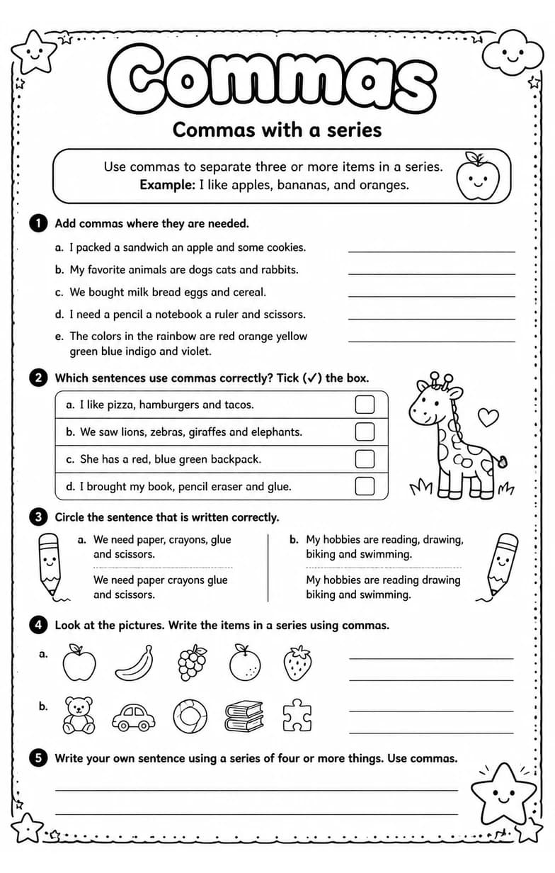 Commas with a series — free printable Grade 3 English & Reading worksheet