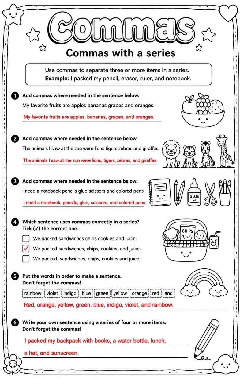 Answer key for Commas with a series — free printable English & Reading worksheet