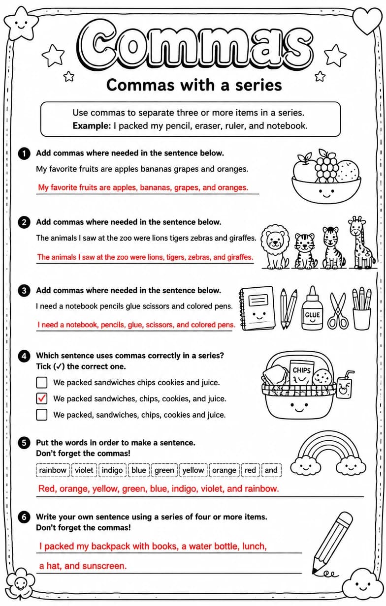 Answer key for Commas with a series — free printable English & Reading worksheet