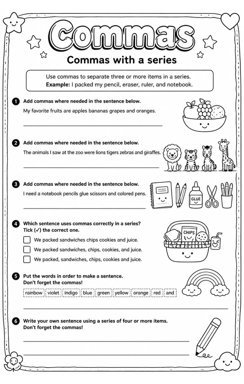 Commas with a series — free printable Grammar and mechanics English worksheet