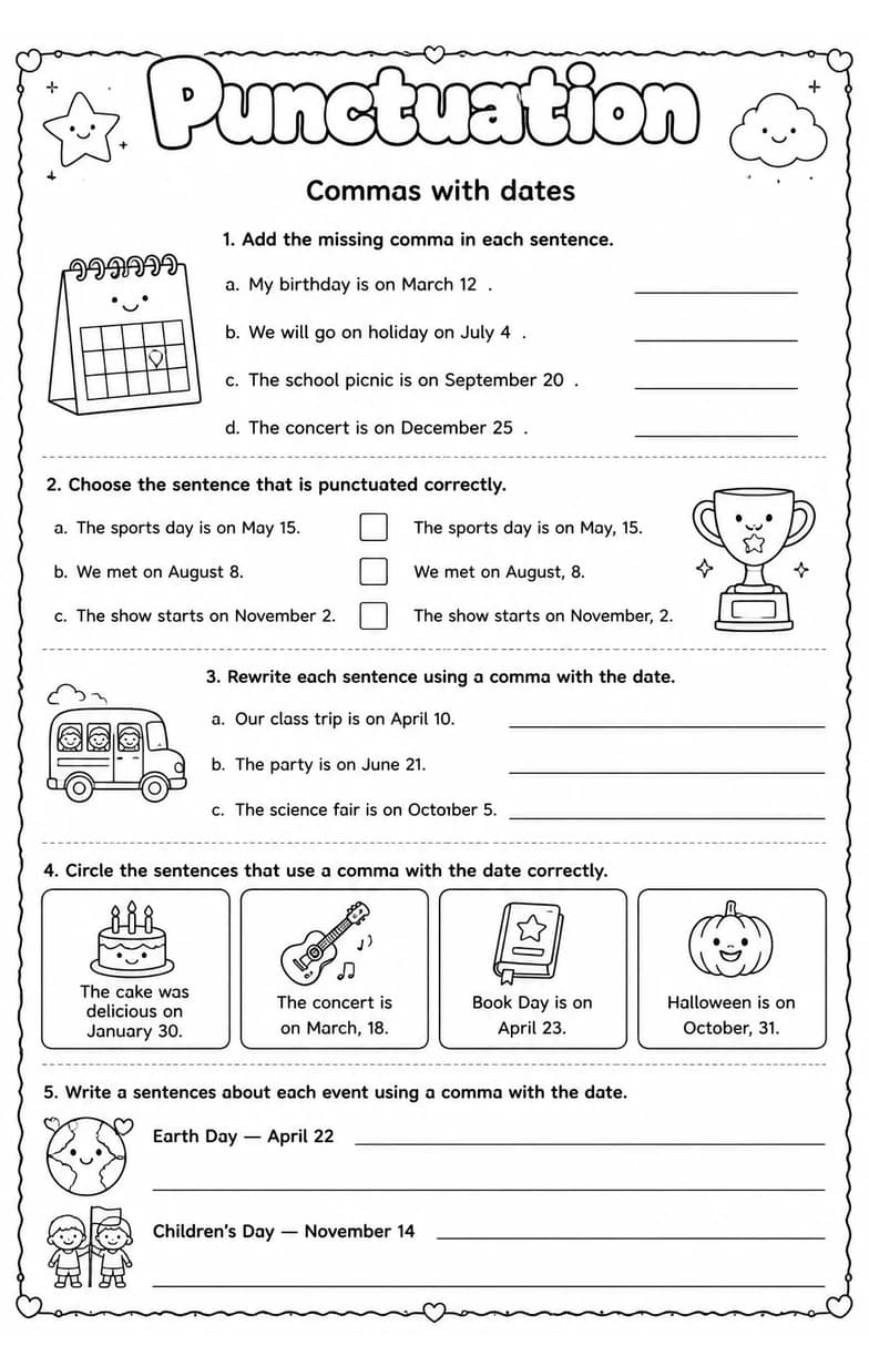Commas with dates — free printable Grade 2 English & Reading worksheet