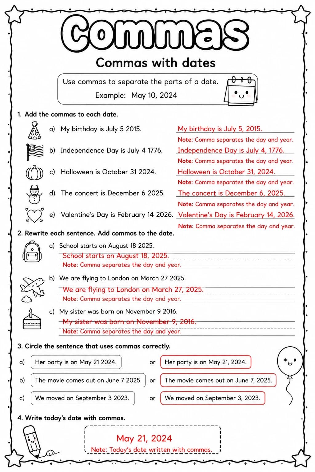 Answer key for Commas with dates — free printable English & Reading worksheet