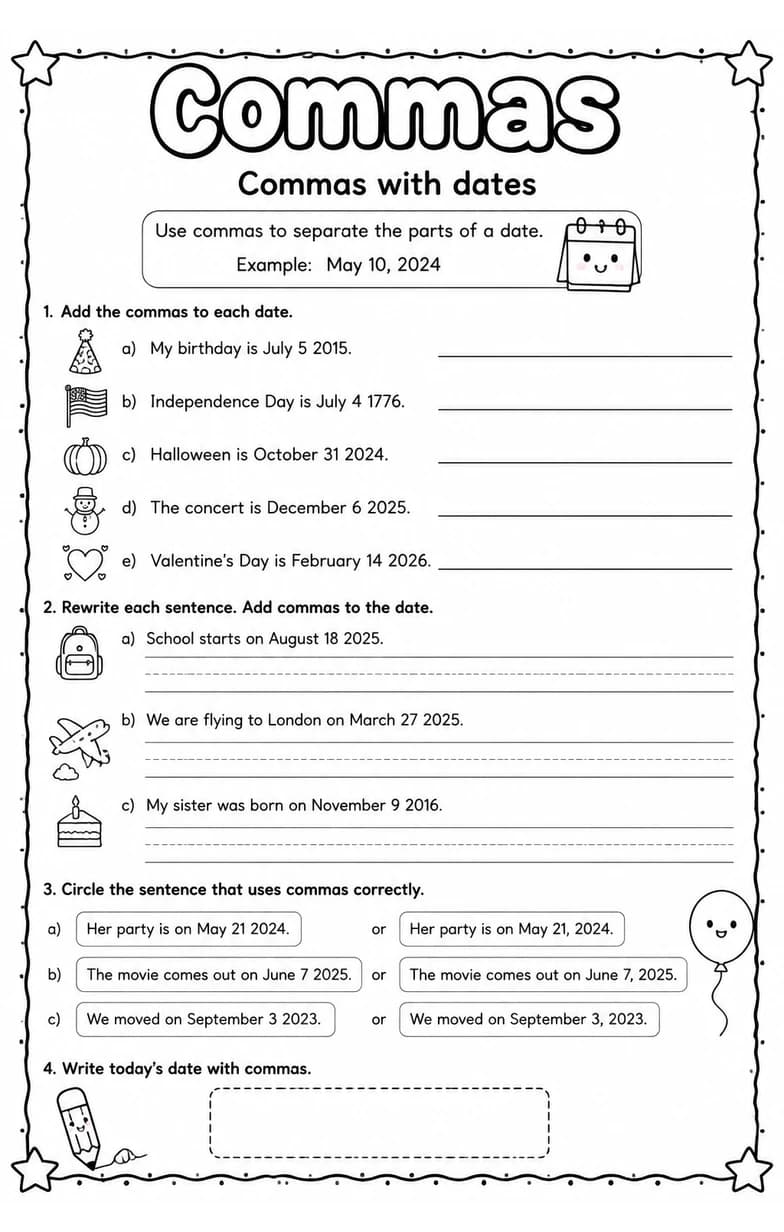 Commas with dates — free printable Grade 3 English & Reading worksheet