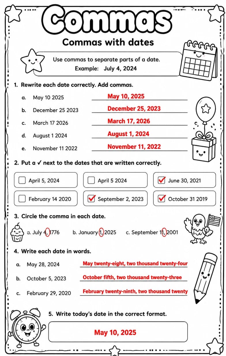 Answer key for Commas with dates — free printable English & Reading worksheet