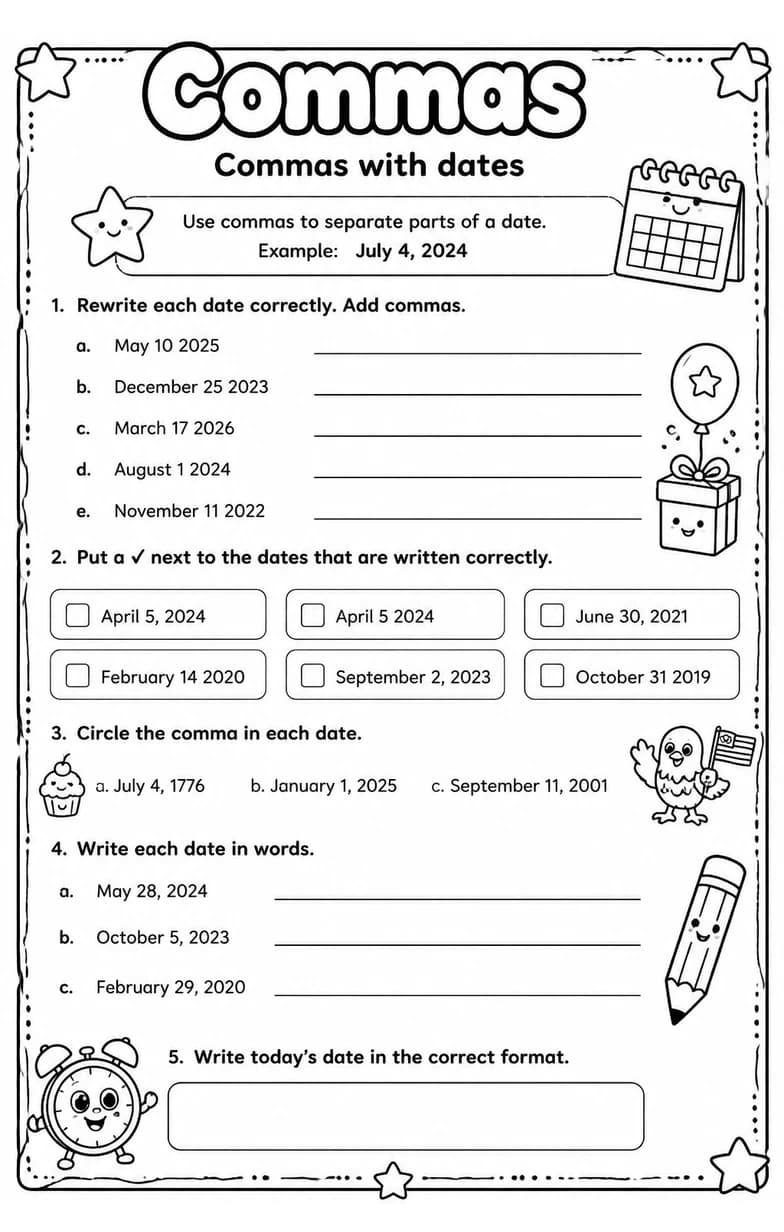 Commas with dates — free printable Grammar and mechanics English worksheet