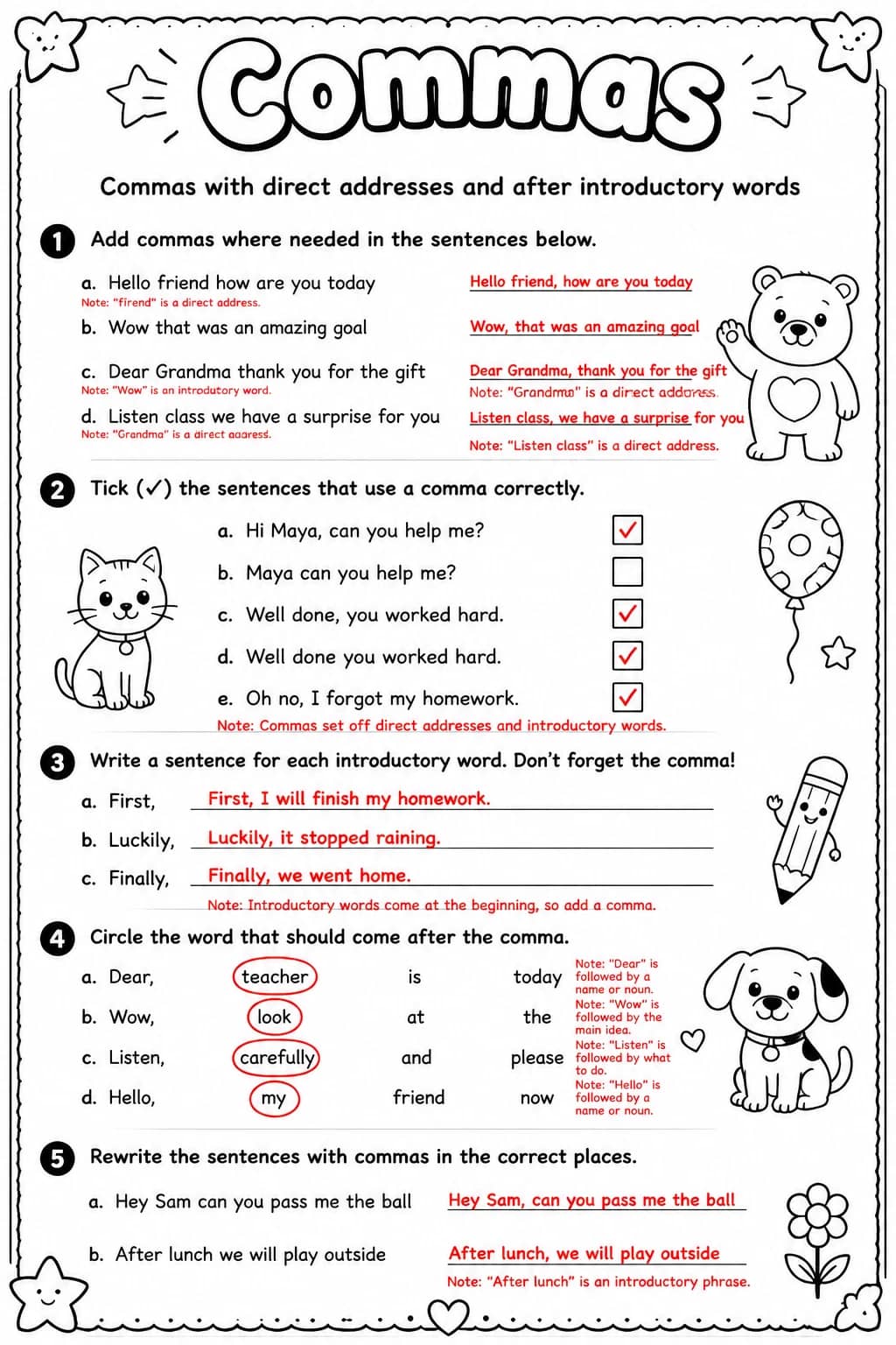 Answer key for Commas with direct addresses and after introductory words — free printable English & Reading worksheet