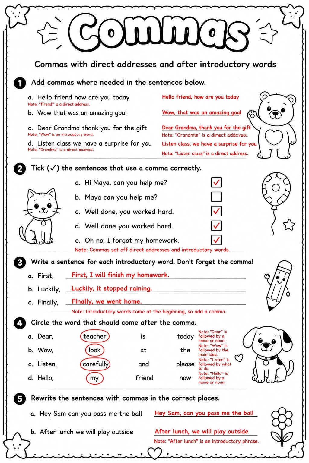 Answer key for Commas with direct addresses and after introductory words — free printable English & Reading worksheet