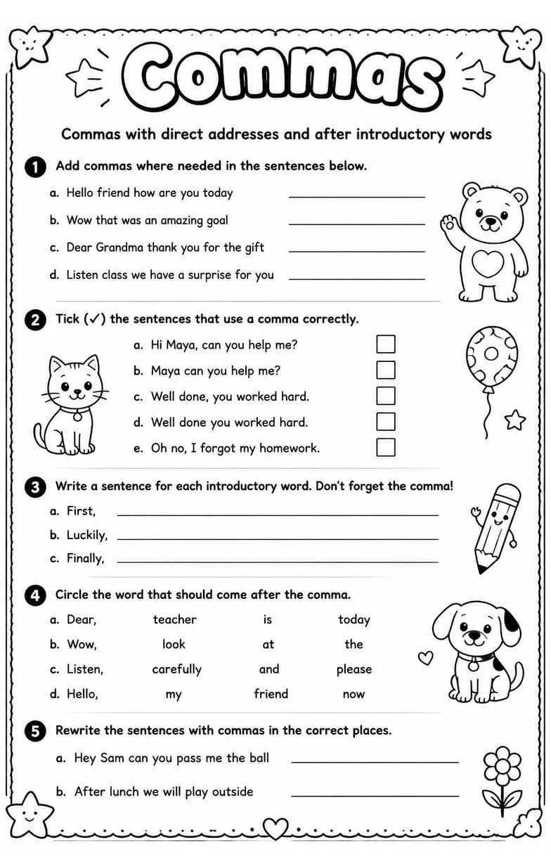 Commas with direct addresses and after introductory words — free printable Grammar and mechanics English worksheet