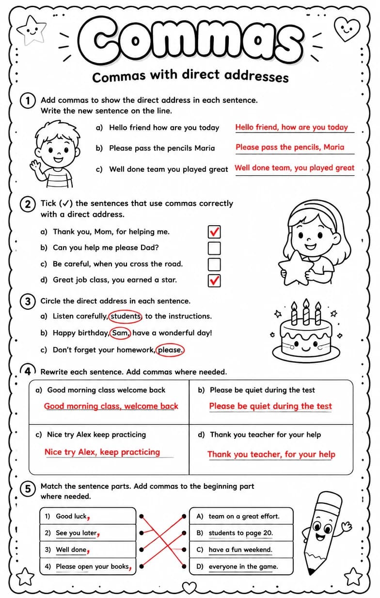Answer key for Commas with direct addresses — free printable English & Reading worksheet