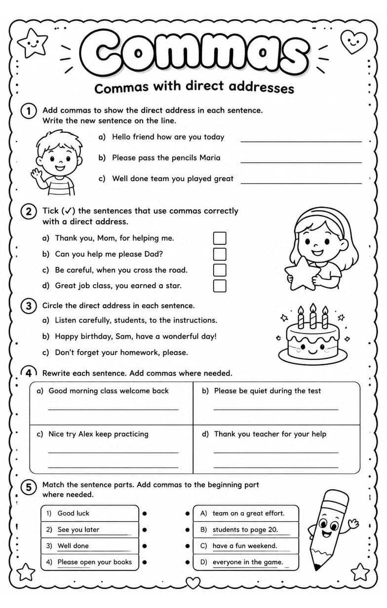 Commas with direct addresses — free printable Grammar and mechanics English worksheet