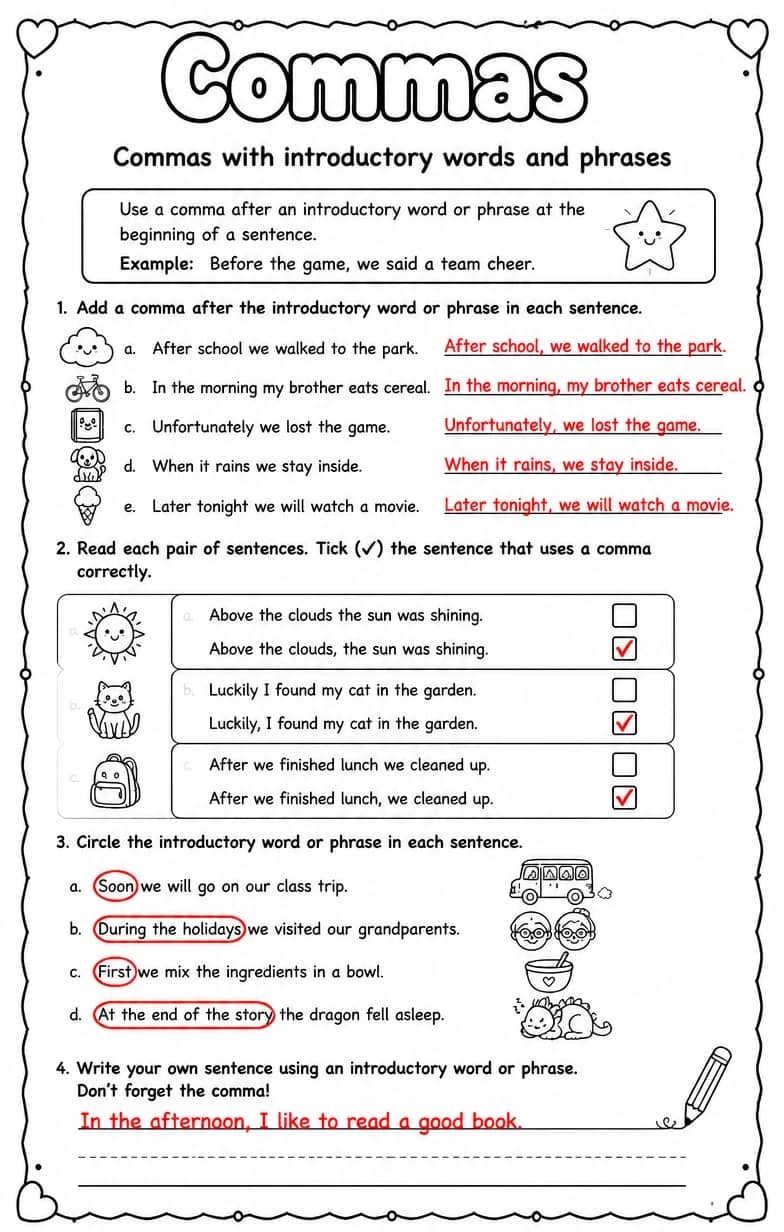 Answer key for Commas with introductory words and phrases — free printable English & Reading worksheet