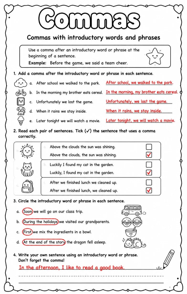 Answer key for Commas with introductory words and phrases — free printable English & Reading worksheet