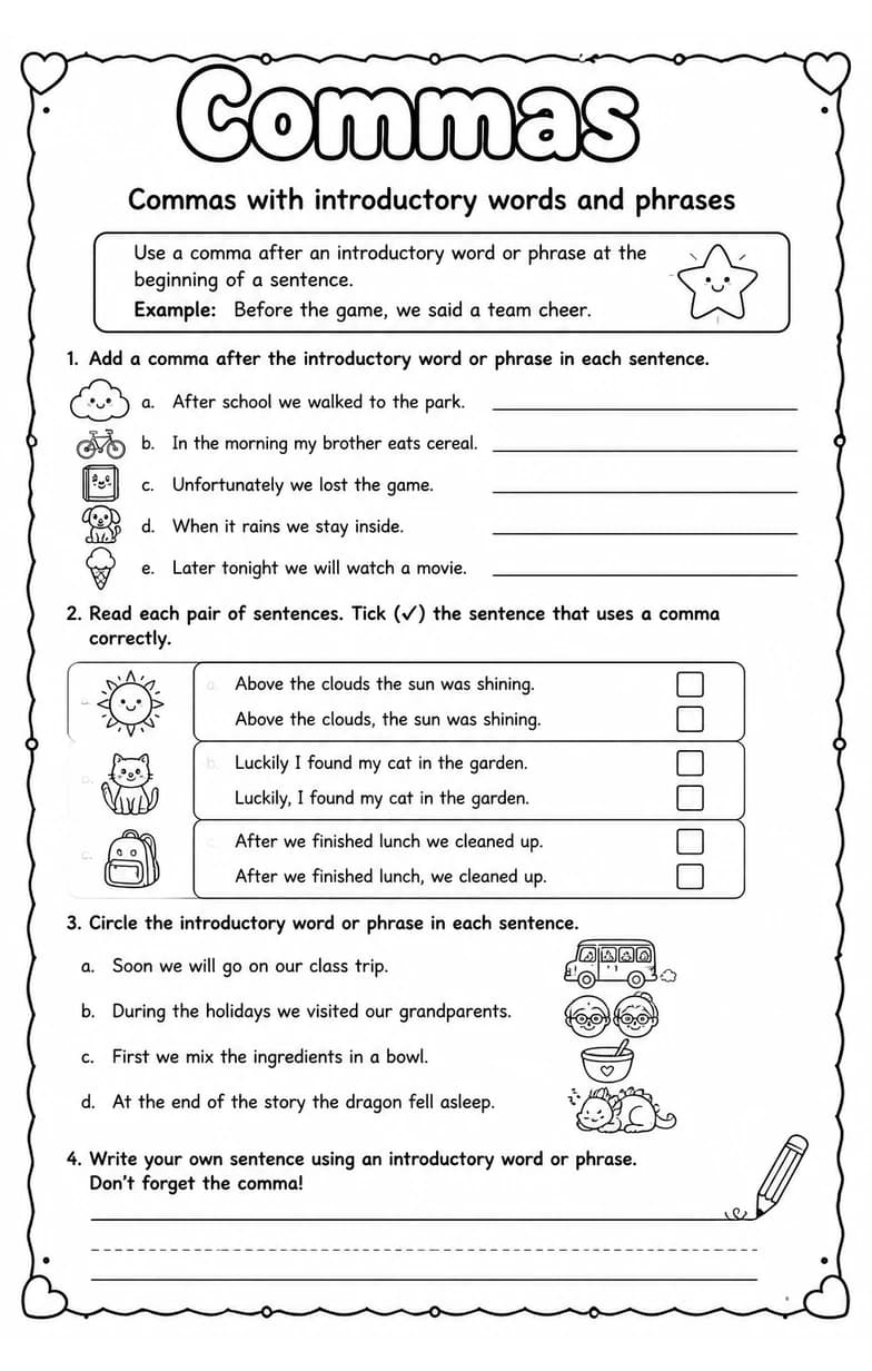 Commas with introductory words and phrases — free printable Grammar and mechanics English worksheet