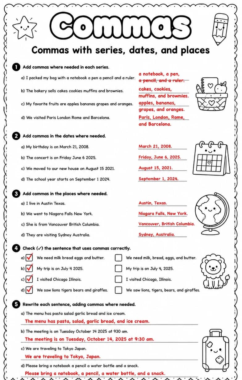 Answer key for Commas with series, dates, and places — free printable English & Reading worksheet