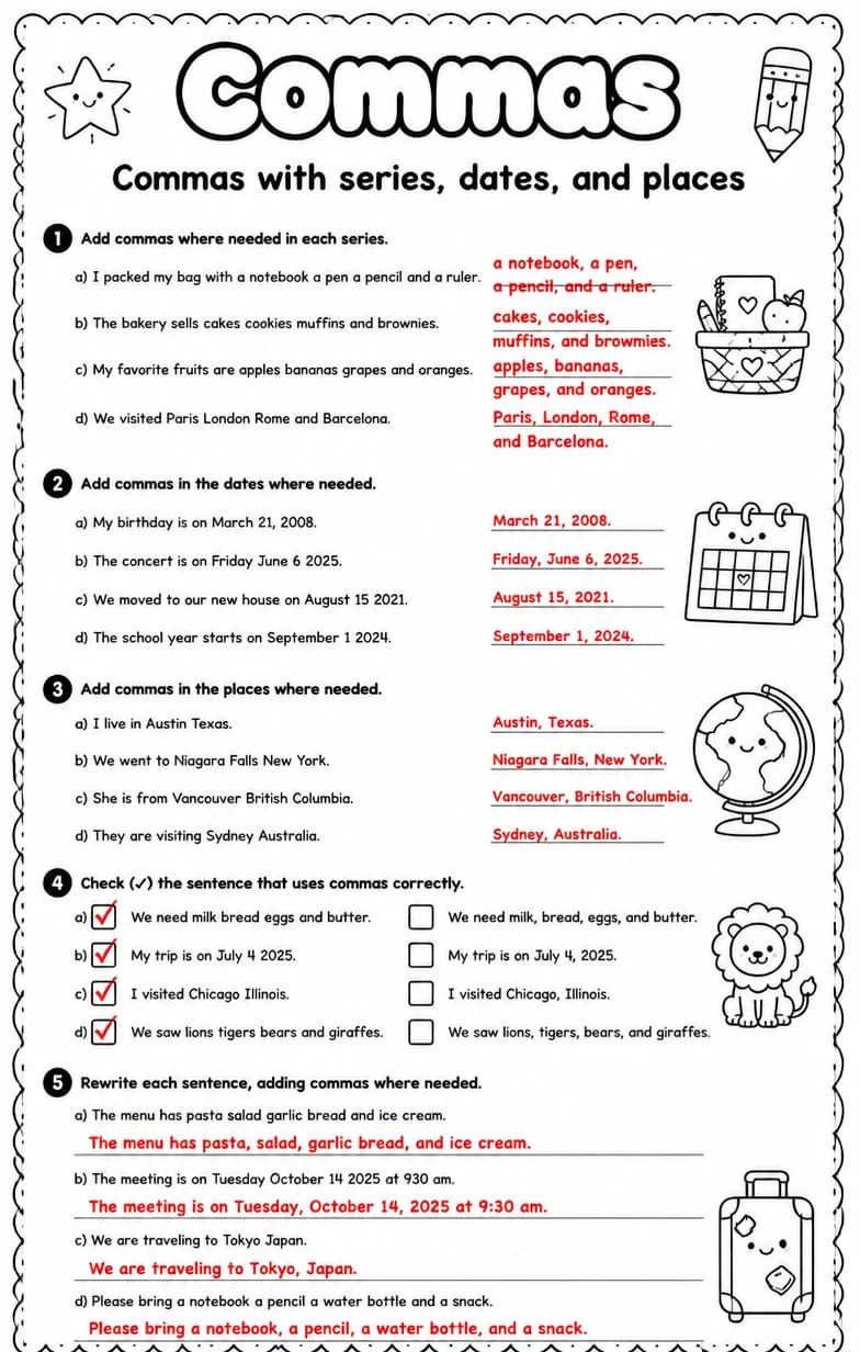 Answer key for Commas with series, dates, and places — free printable English & Reading worksheet