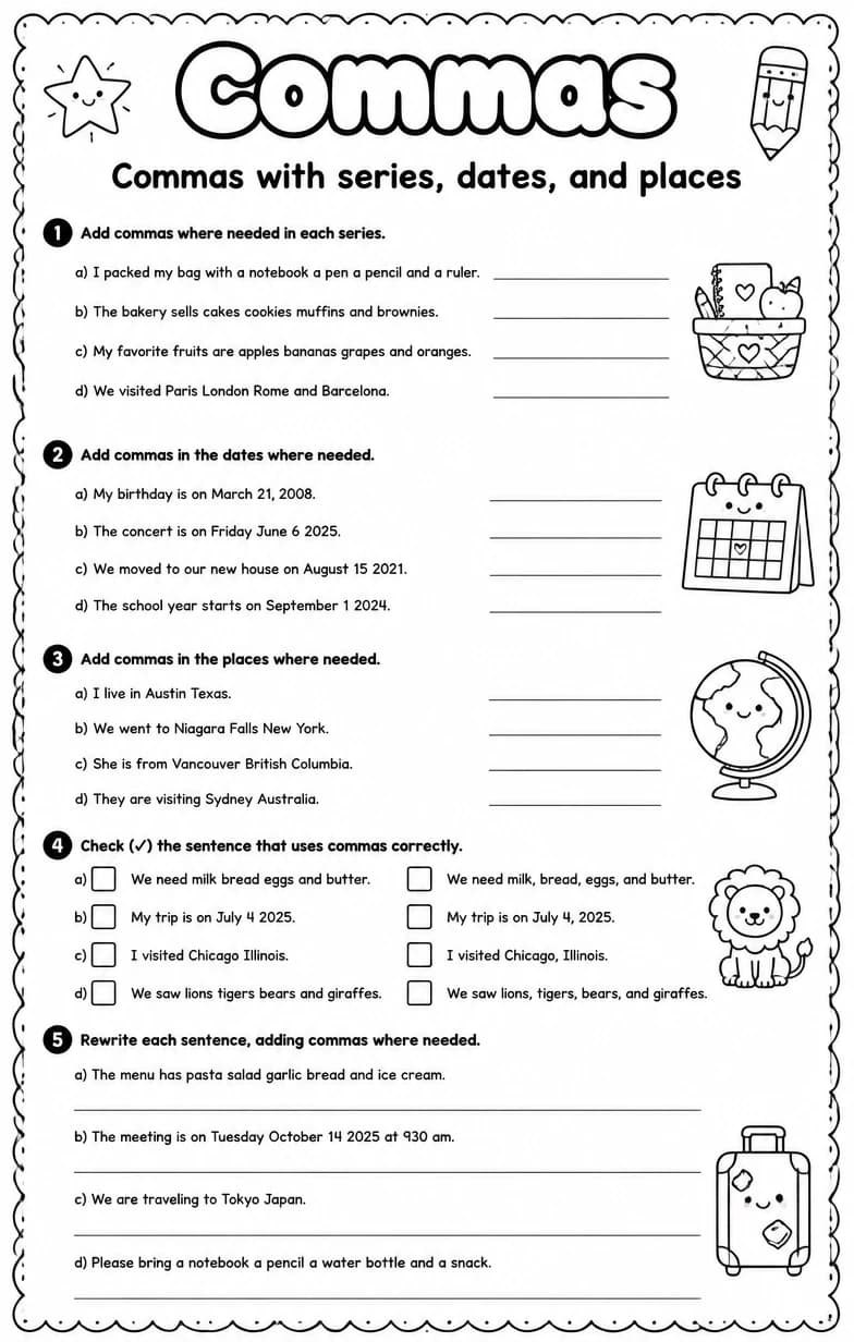 Commas with series, dates, and places — free printable Grammar and mechanics English worksheet