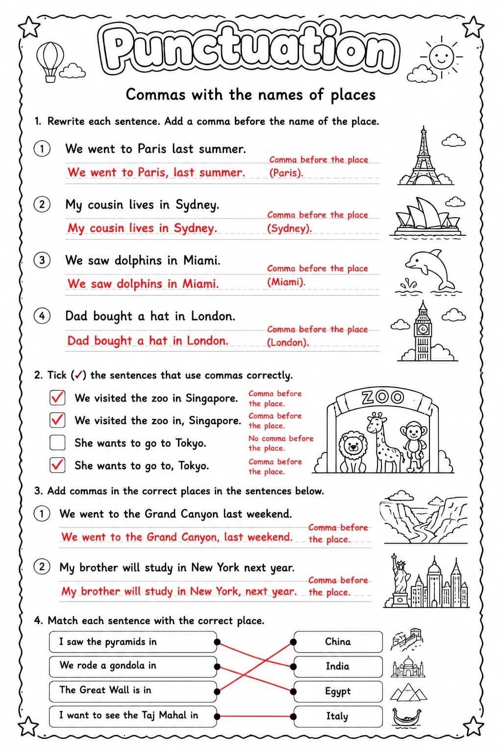 Answer key for Commas with the names of places — free printable English & Reading worksheet