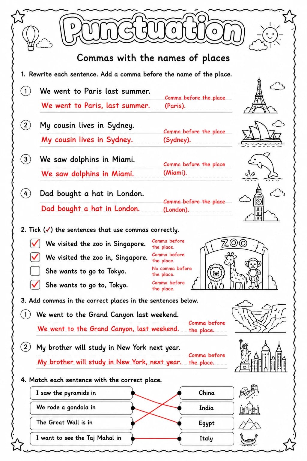 Answer key for Commas with the names of places — free printable English & Reading worksheet