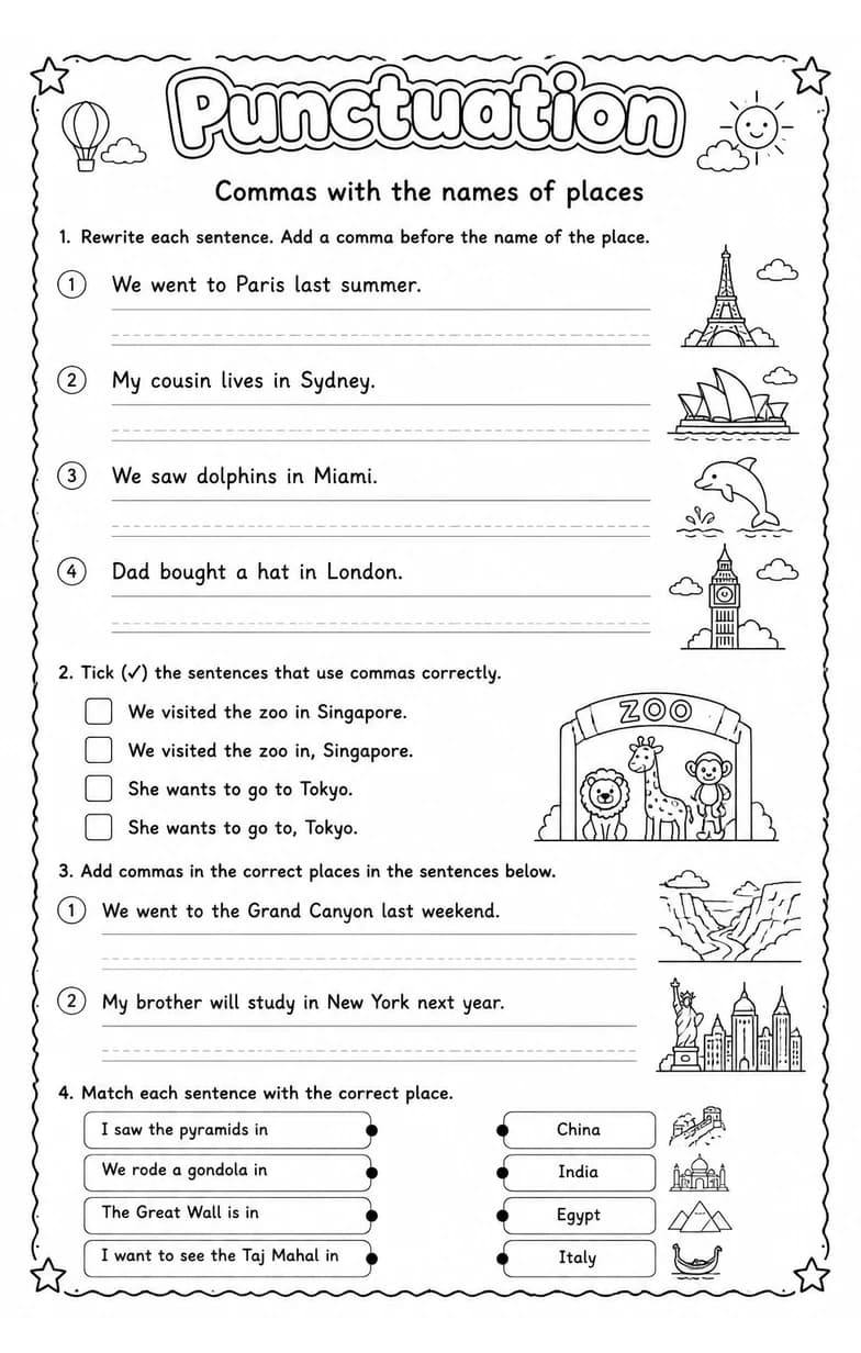 Commas with the names of places — free printable Grade 2 English & Reading worksheet