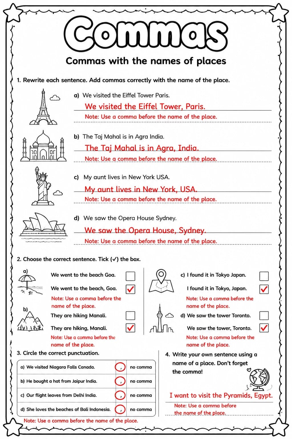 Answer key for Commas with the names of places — free printable English & Reading worksheet