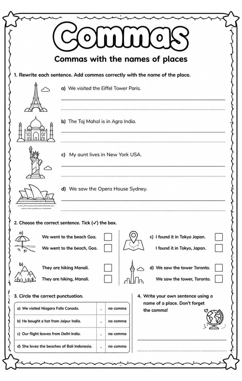 Commas with the names of places — free printable Grade 3 English & Reading worksheet