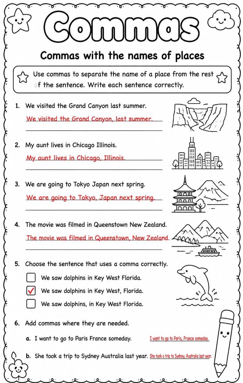 Answer key for Commas with the names of places — free printable English & Reading worksheet