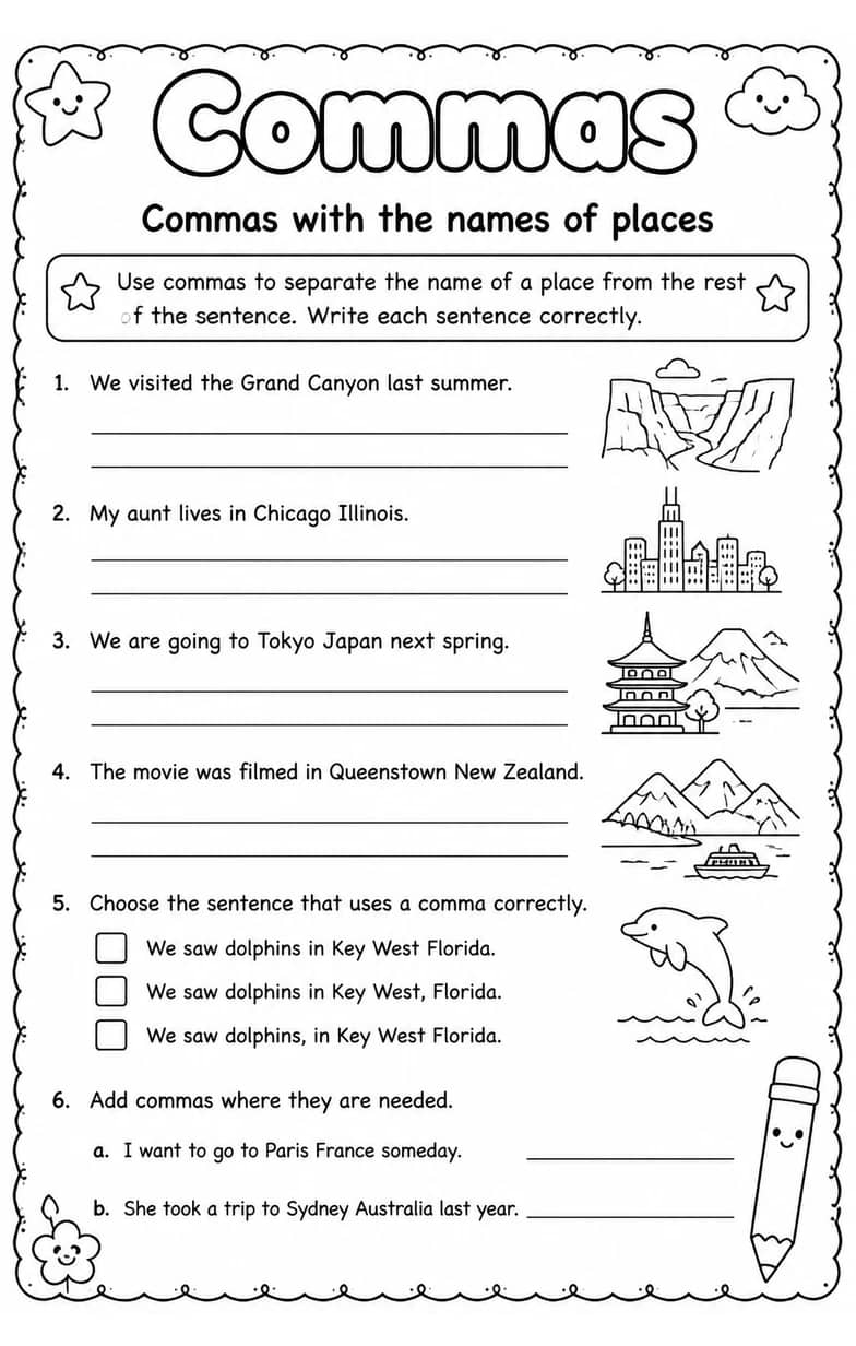 Commas with the names of places — free printable Grammar and mechanics English worksheet
