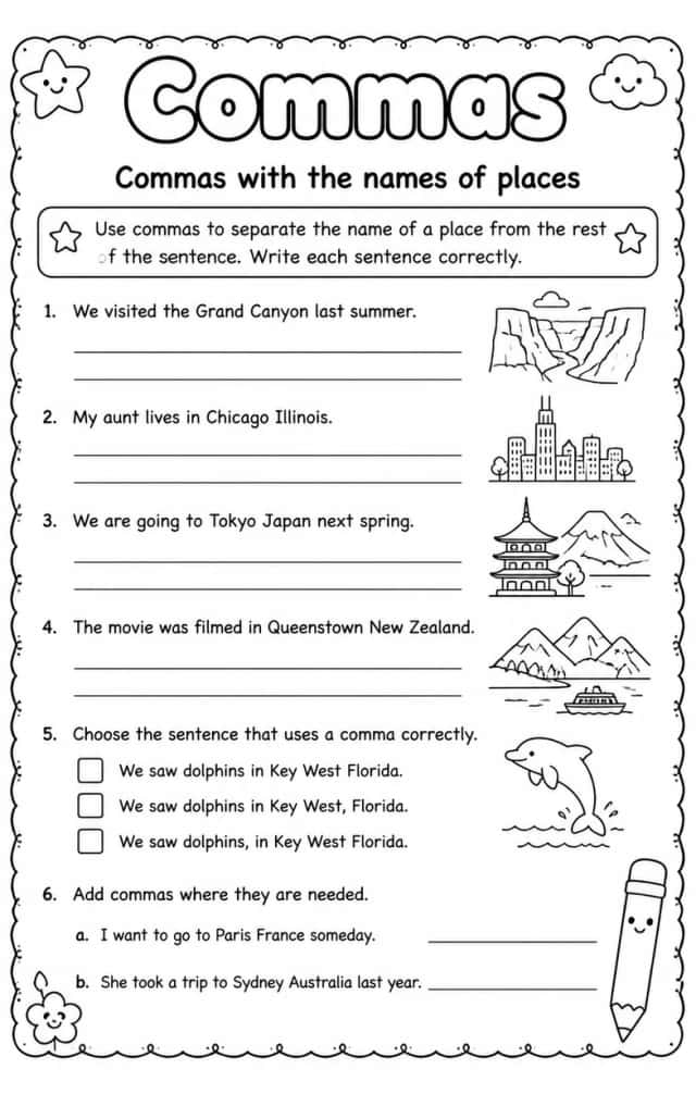 Commas with the names of places