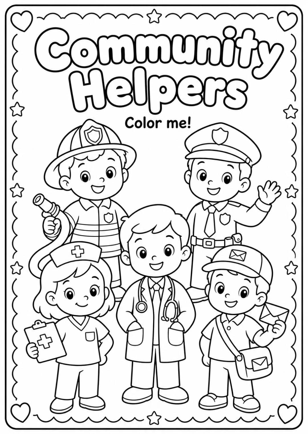 Community Helpers Coloring Pages — free printable Kindergarten Art worksheet