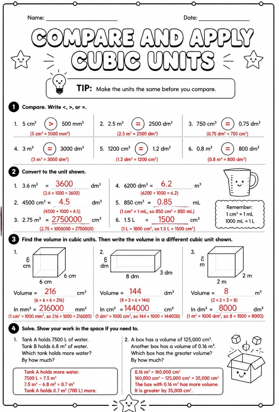 Answer key for Compare and apply cubic units — free printable Math worksheet