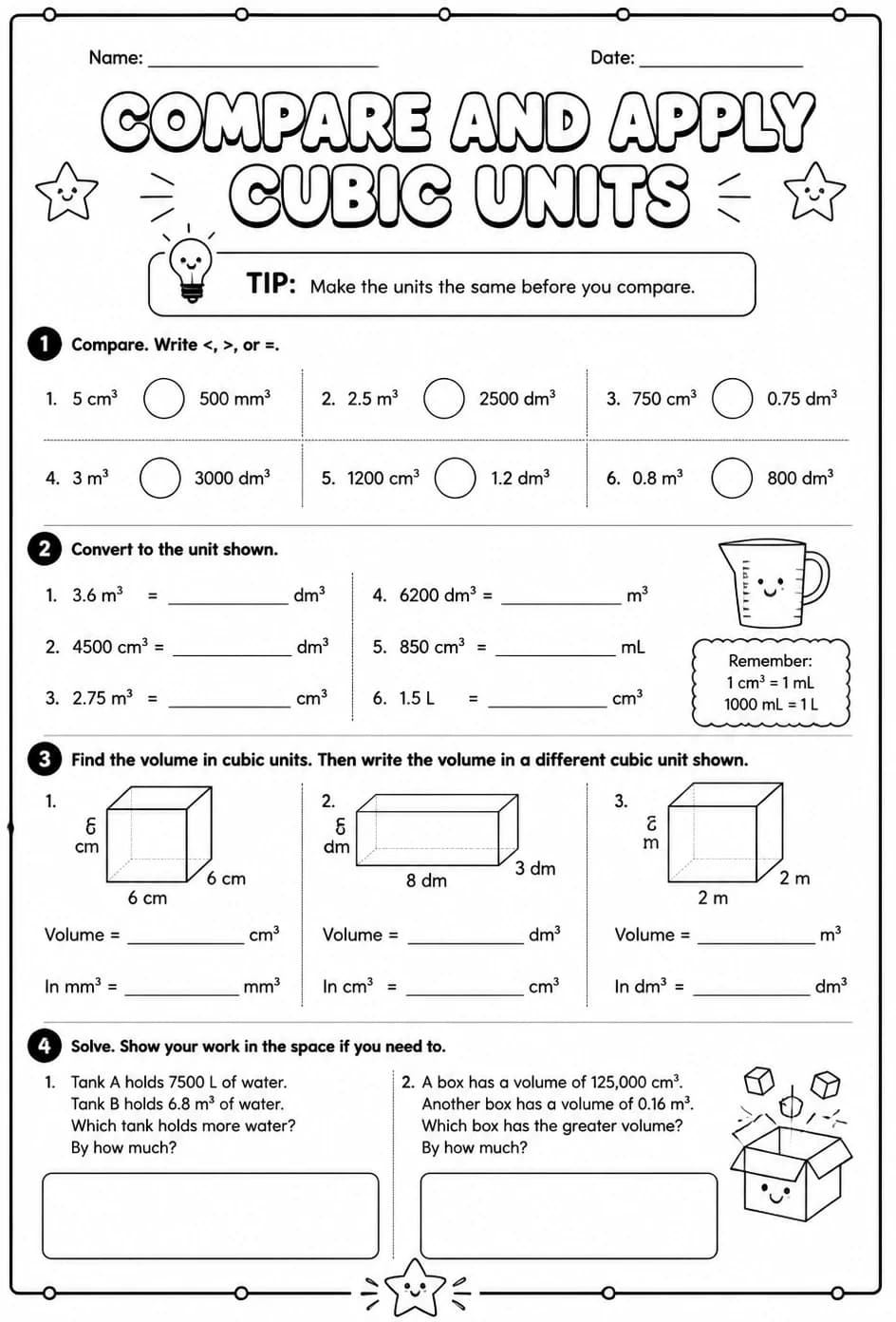 Compare and apply cubic units — free printable Grade 5 math worksheet