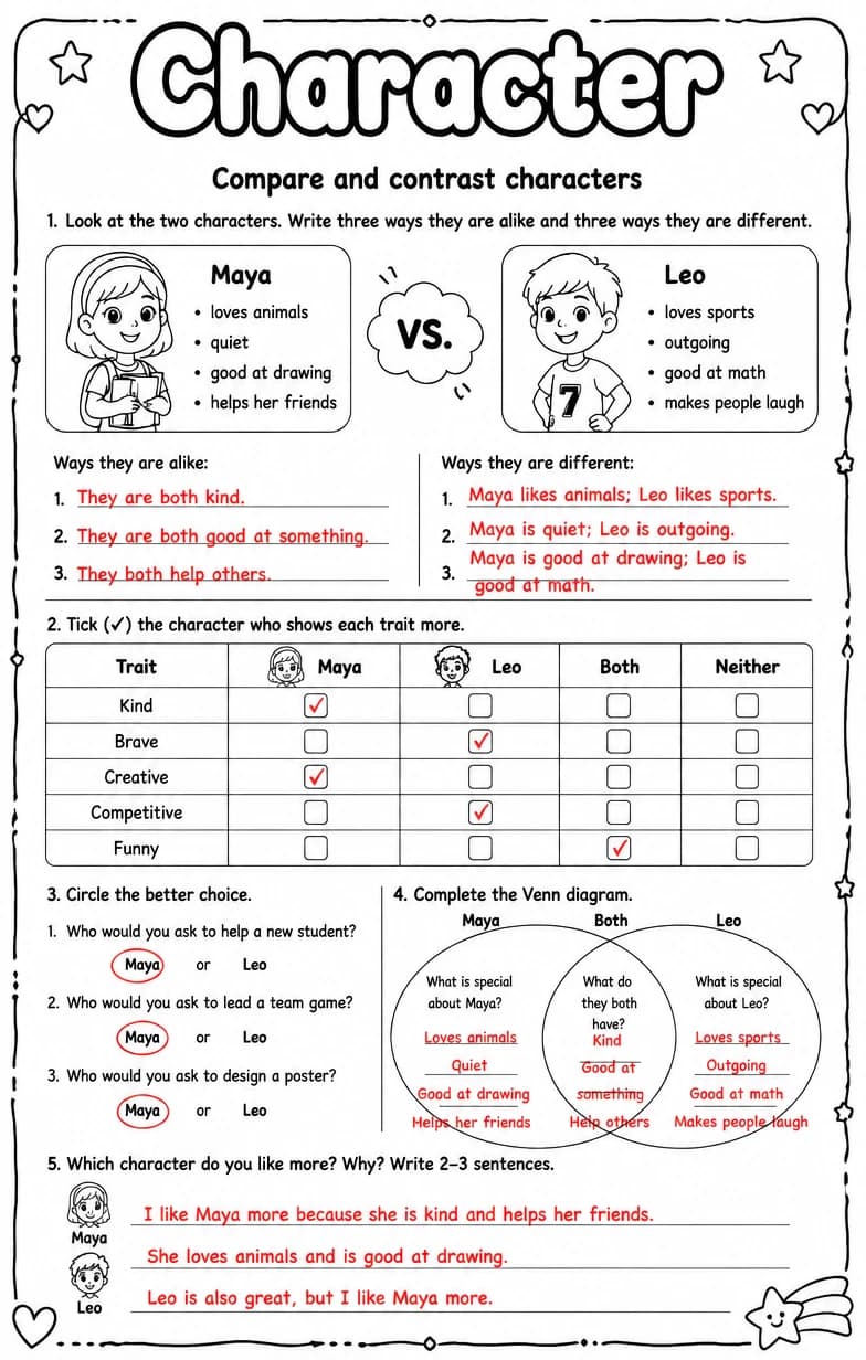 Answer key for Compare and contrast characters — free printable English & Reading worksheet
