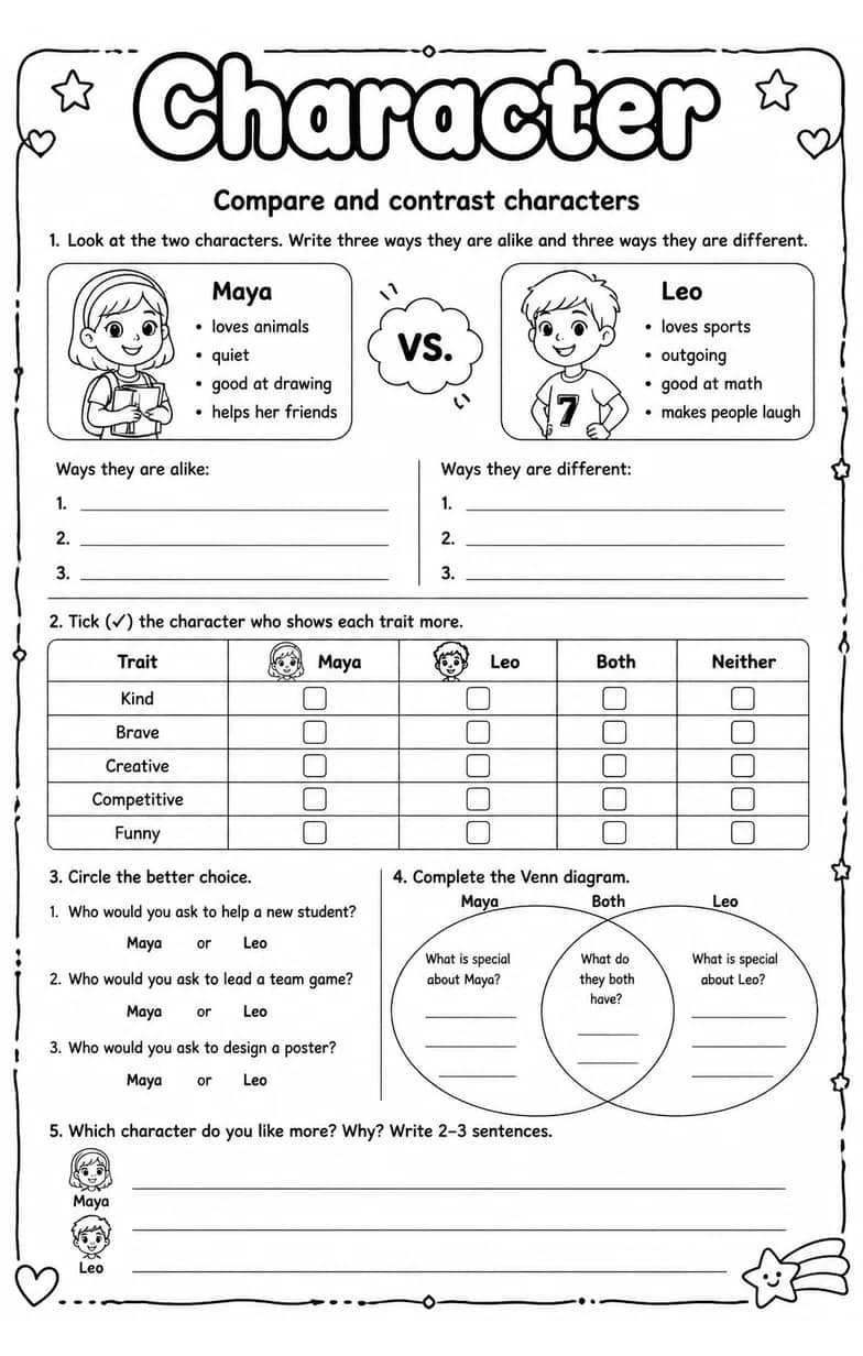 Compare and contrast characters — free printable Reading strategies English worksheet